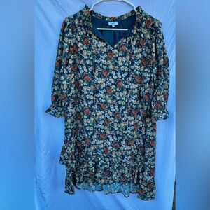 Elegant Multi-Color Floral Long Sleeve Dress | Ruffled Hem & Tie Neck | NWOT